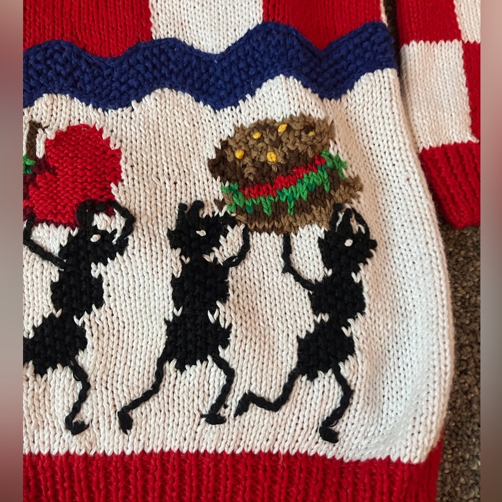 Hand Knit vintage Marisa Christina ants marching picnic sweater - size large - Picture 8 of 10